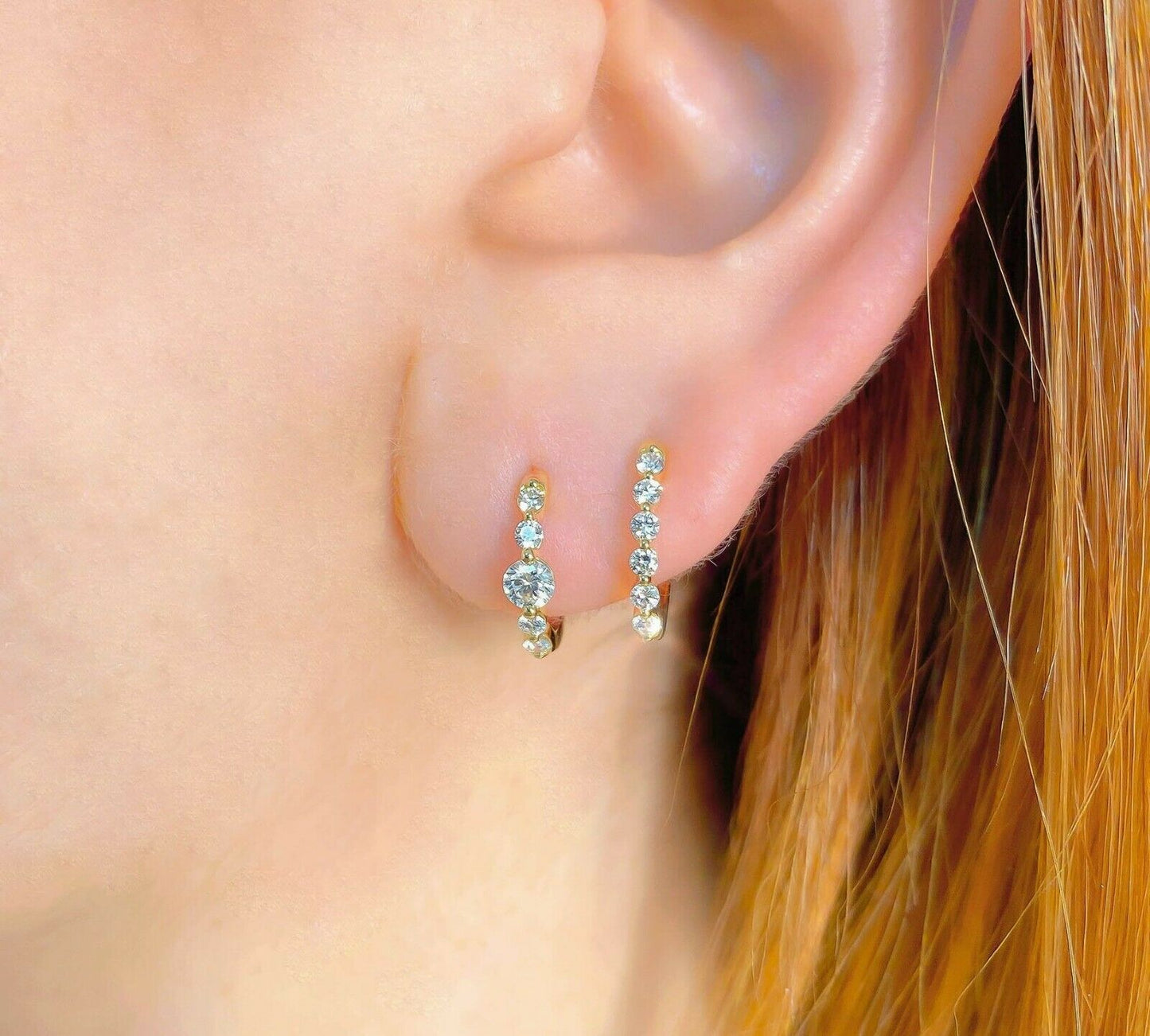 14K Gold 0.26CT Diamond Oval Huggie Earrings Bezel Set Round Cut Natural