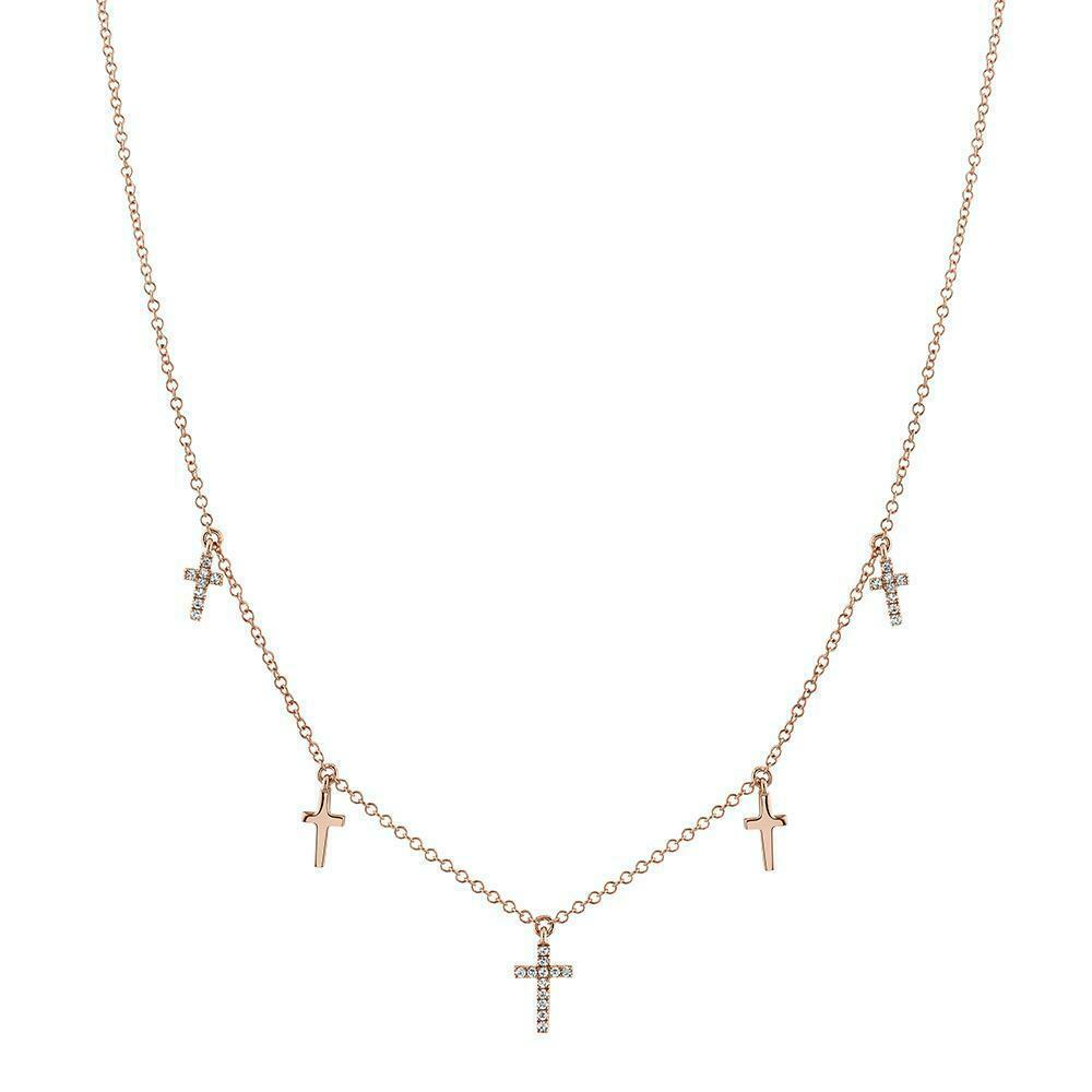 14k Gold 0.09 CT Diamond Dangling Cross Shaker Necklace Natural Round Cut