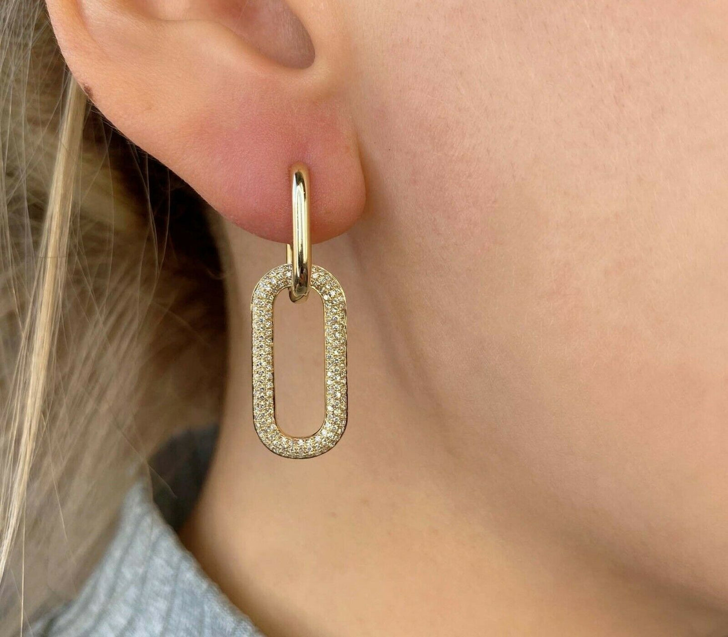 14K Gold 0.71 CT Elongated Oval Diamond Drop Earrings Dangle Round Pave