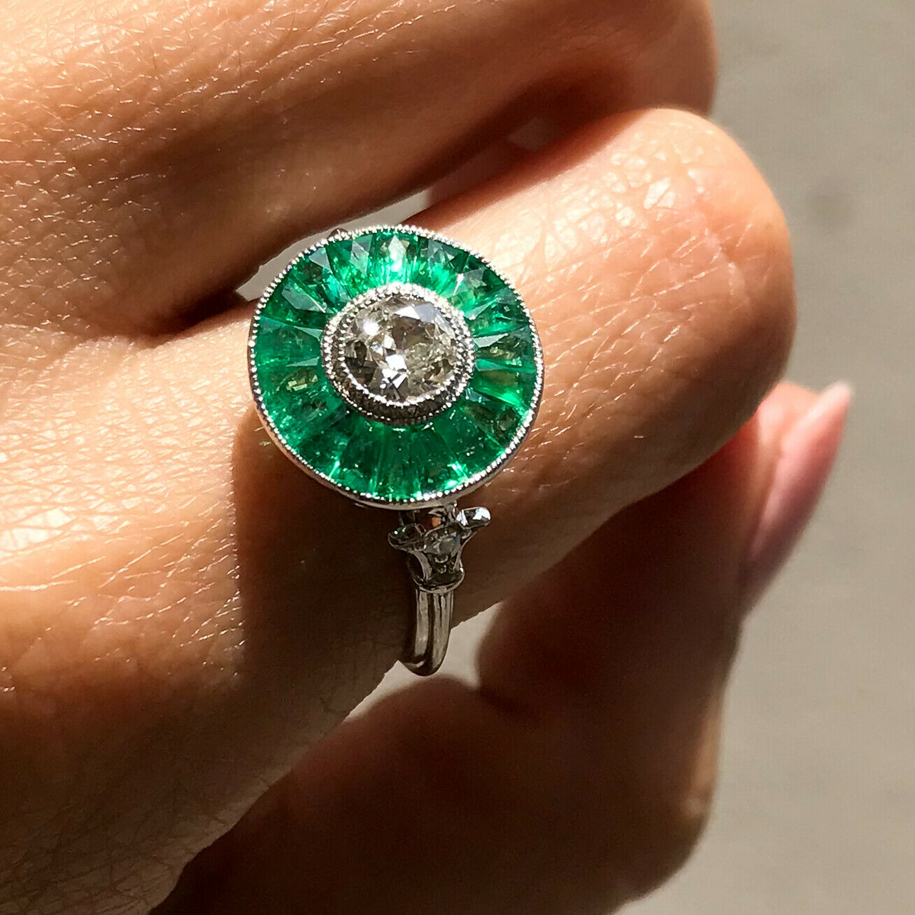Baguette Cut Emerald Round Diamond Platinum Ring Antique Art Deco