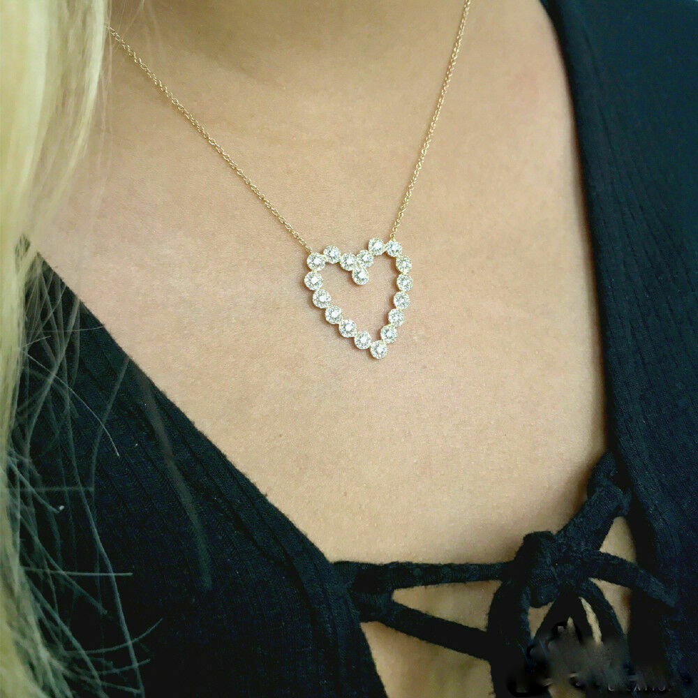 14K Gold 1.14 CT Diamond Heart Necklace Round Cut Pendant Women Natural