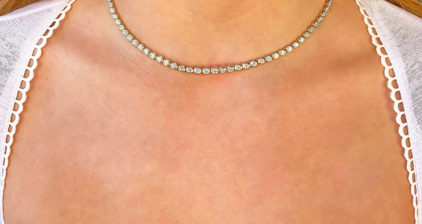 14K Gold 3.53 CT Diamond Bezel Tennis Necklace Natural Round Cut