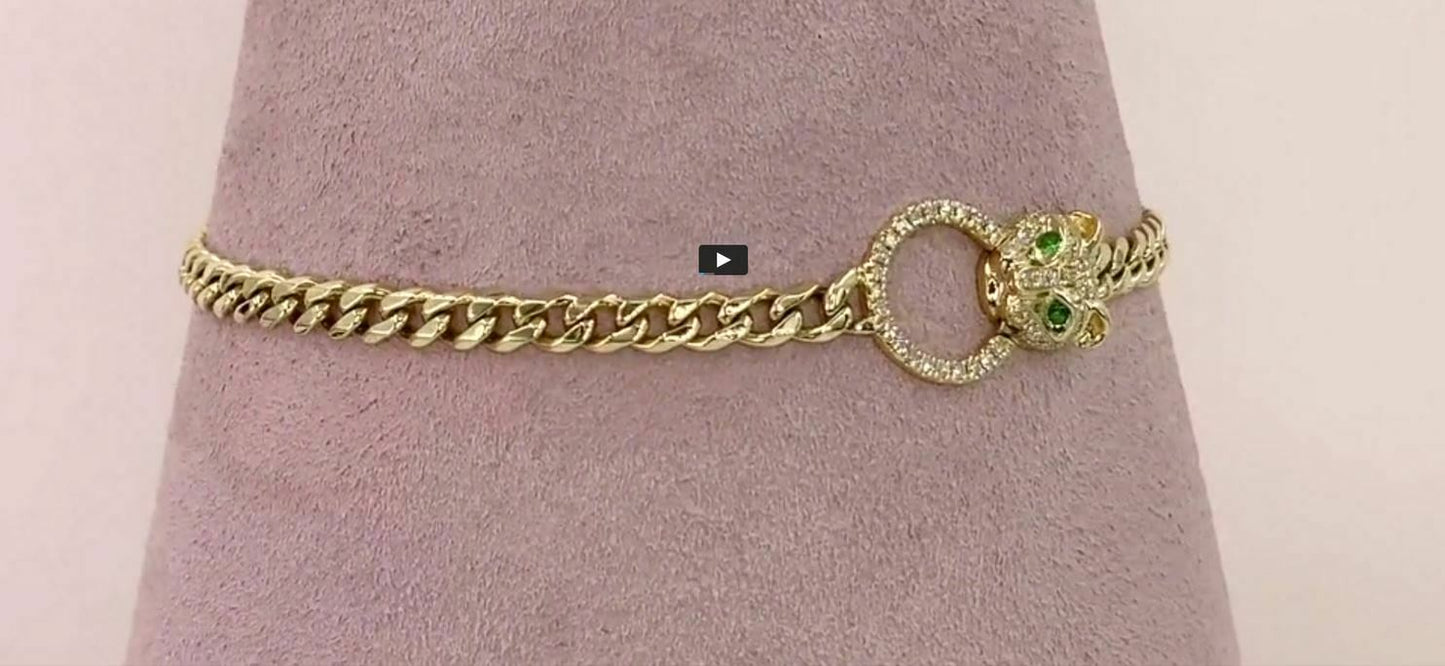 14K Gold 0.19 CT Diamond Emerald Panther Link Bracelet Natural Round Cut