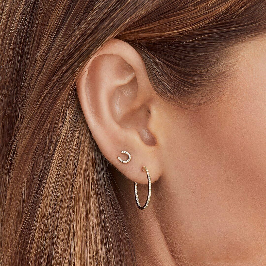 14K Gold 0.21CT Diamond Hoop Earrings Inside Outside Round Cut Latch Lock