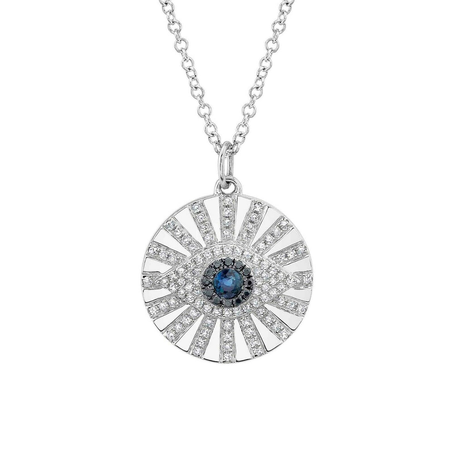 14K Gold 0.15 CT Diamond Eye Necklace Blue Sapphire Black White Round Cut Circle Disc