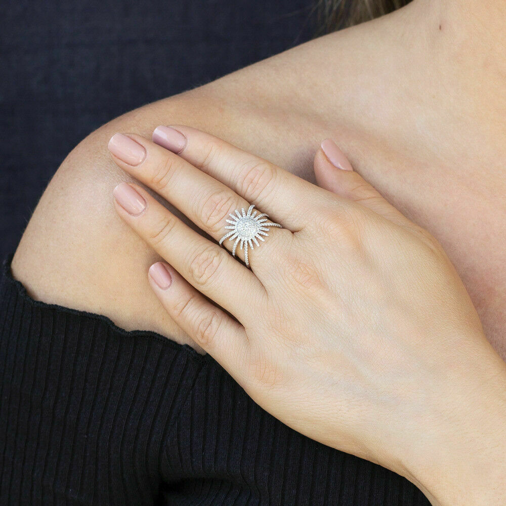 14K Gold 0.57 CT Diamond Starburst Ring Women Cocktail Statement Round Cut 7