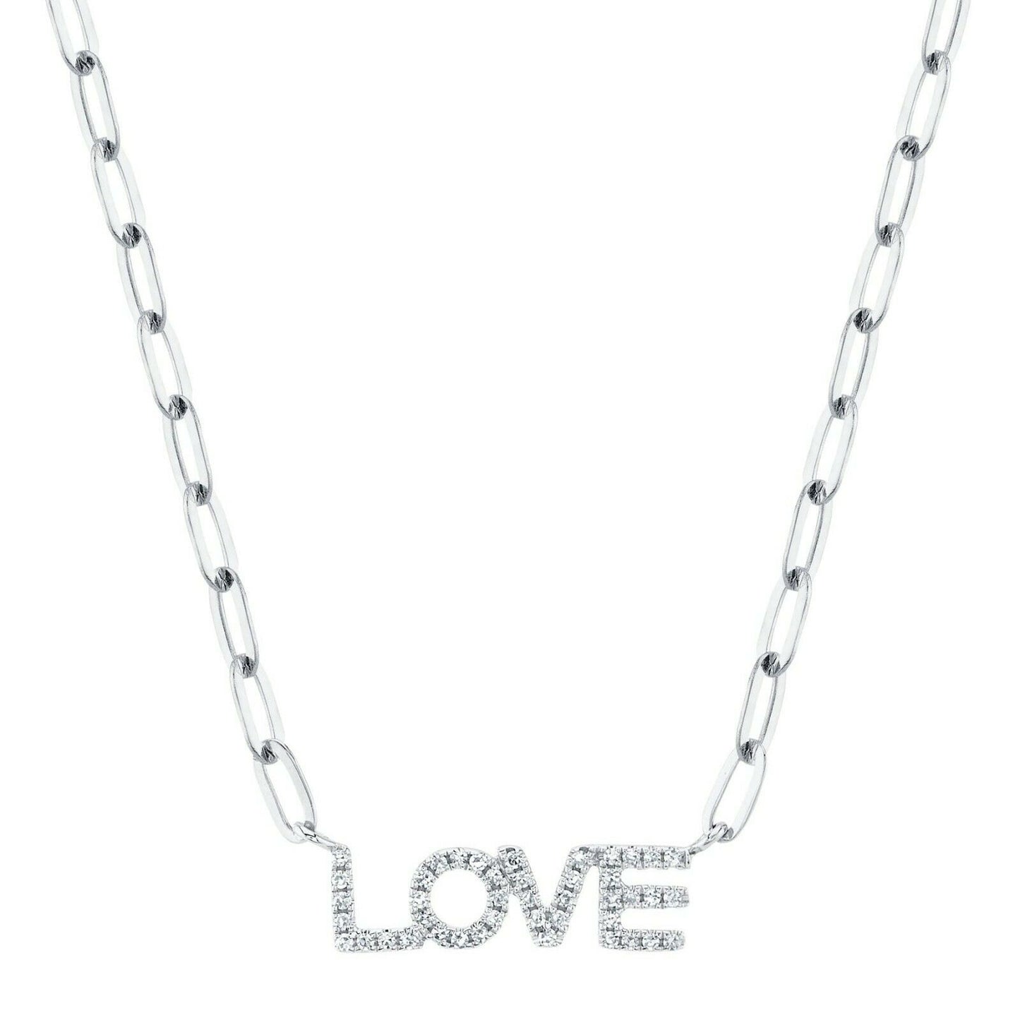 14K Gold 0.12 CT Diamond LOVE Letter Initials Necklace Paper Clip Chain