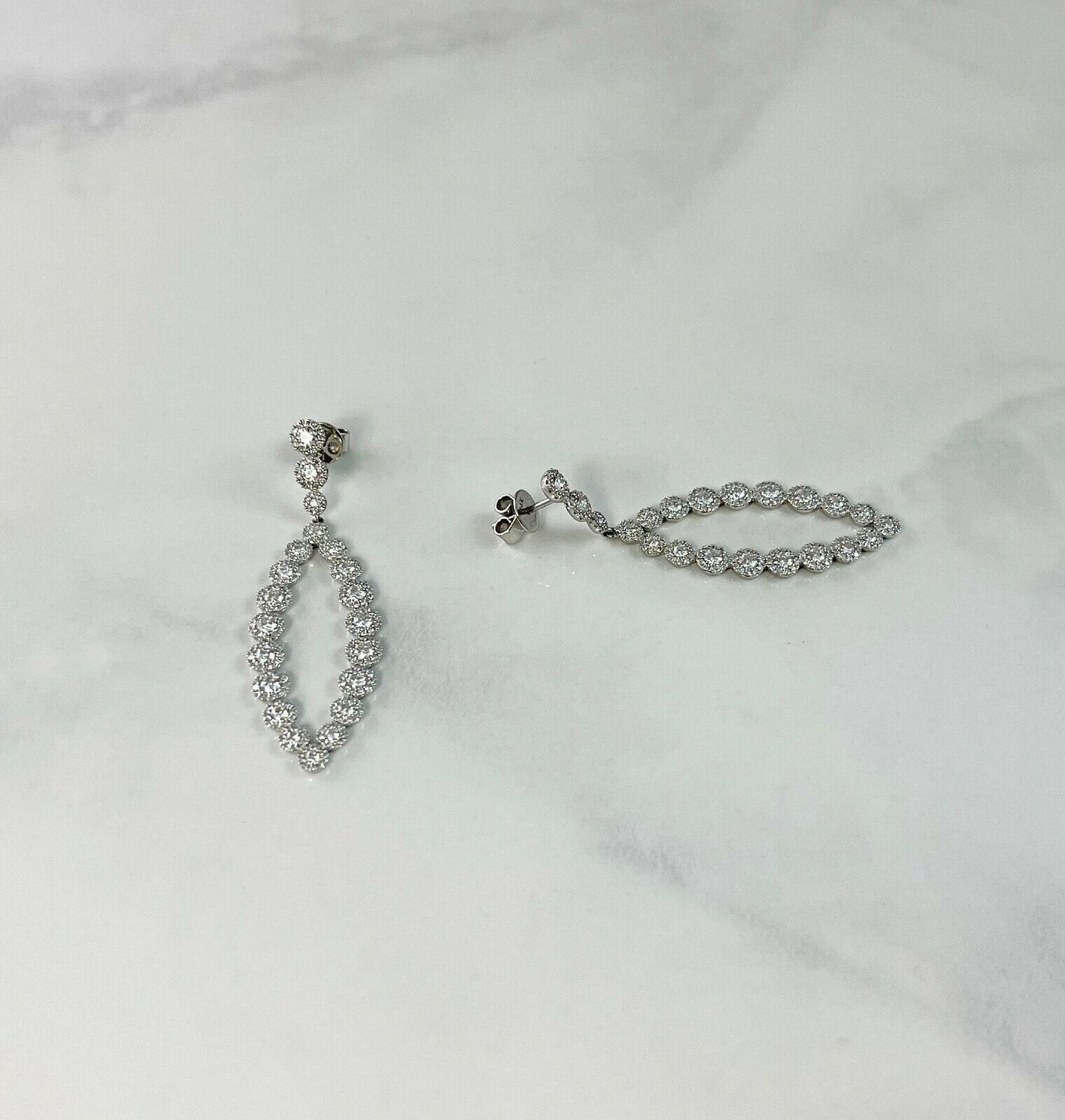 14K Gold 2.95CT Diamond Marquise Fish Eye Earrings Drop Dangle Round Cut