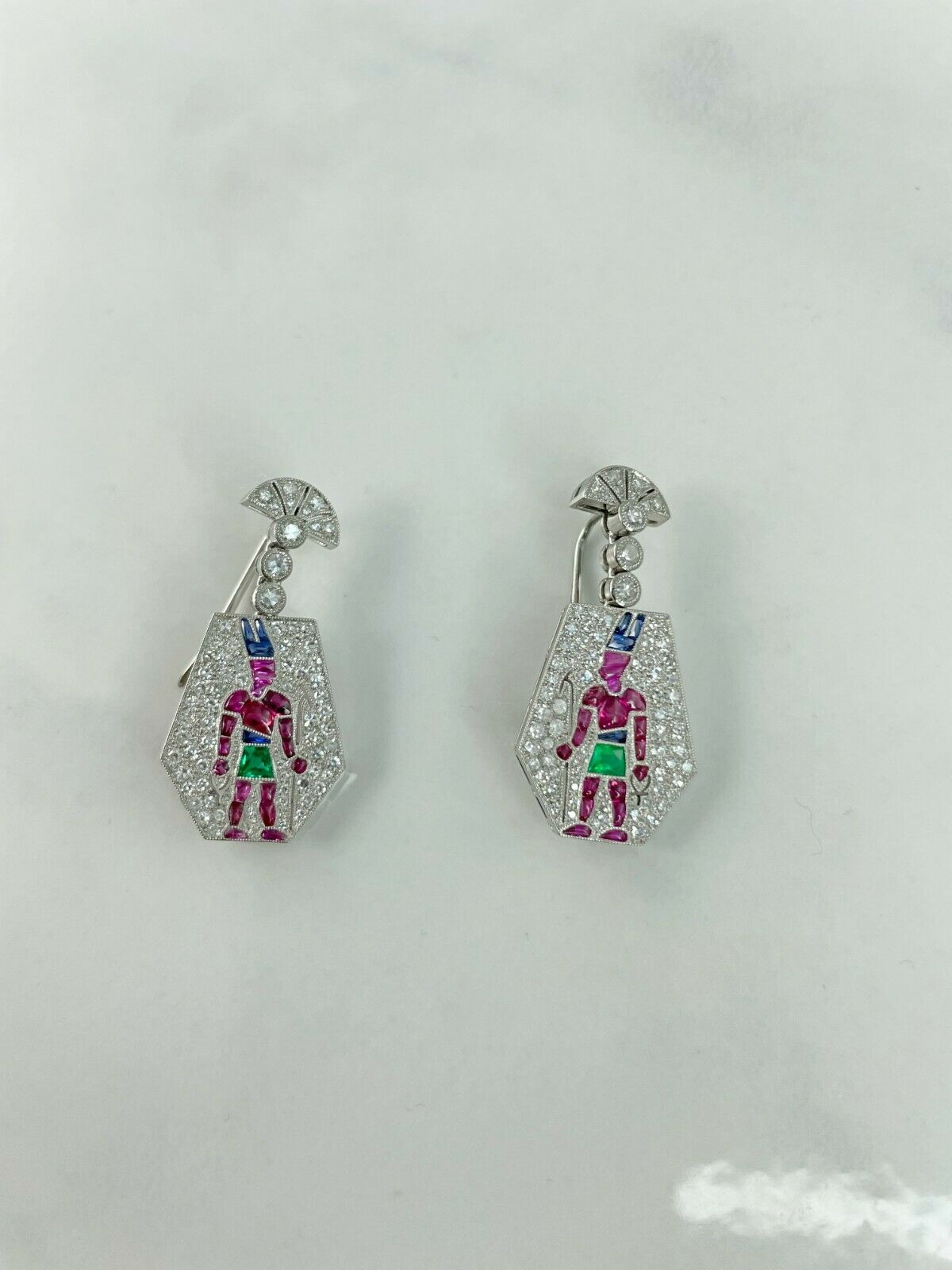 Diamond Egyptian Pharaoh Ankh Platinum Earrings Multi Gemstones Certified Natural