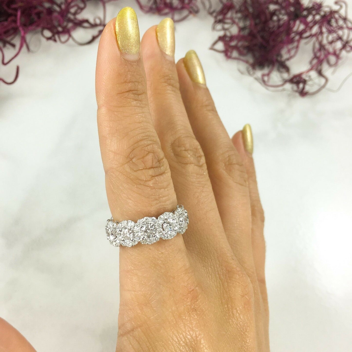 18K White Gold 2.12 CT Diamond Eternity Ring Round Cut Halo Natural Engagement Band