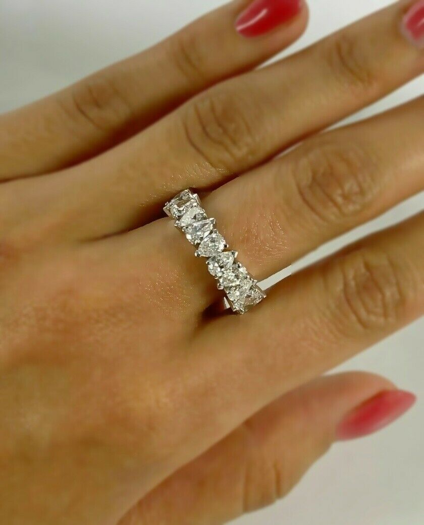 18K White Gold 4.24CT Pear Cut Diamond Eternity Ring Certified Natural Wedding
