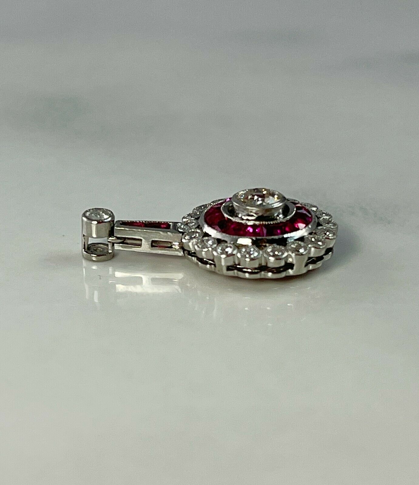 Art Deco French Cut Ruby Diamond Pendant Necklace Platinum Natural Chain Included