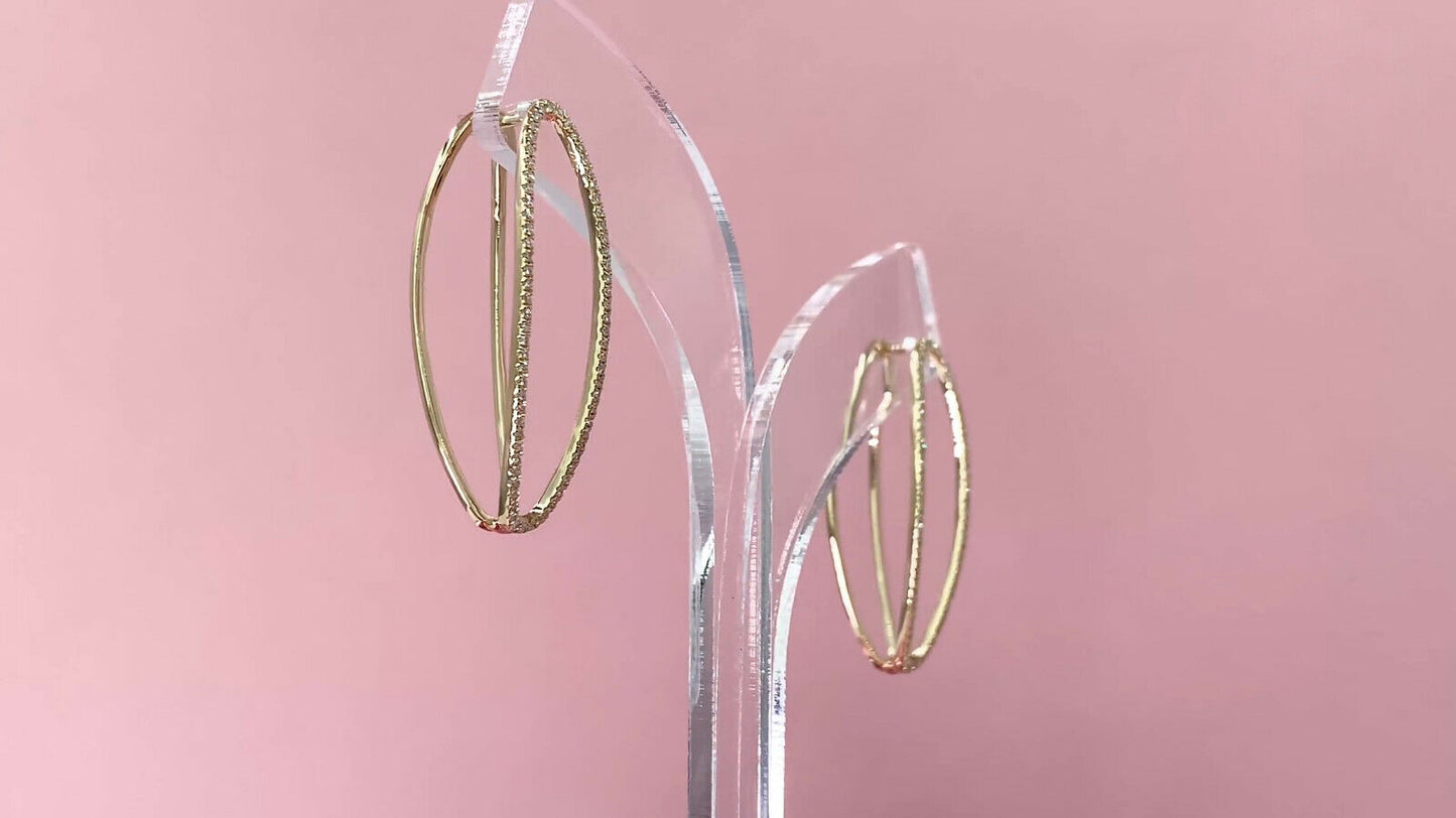 14K Gold 0.42 CT Unique Oval Hoop Split Diamond Earrings Natural Drop