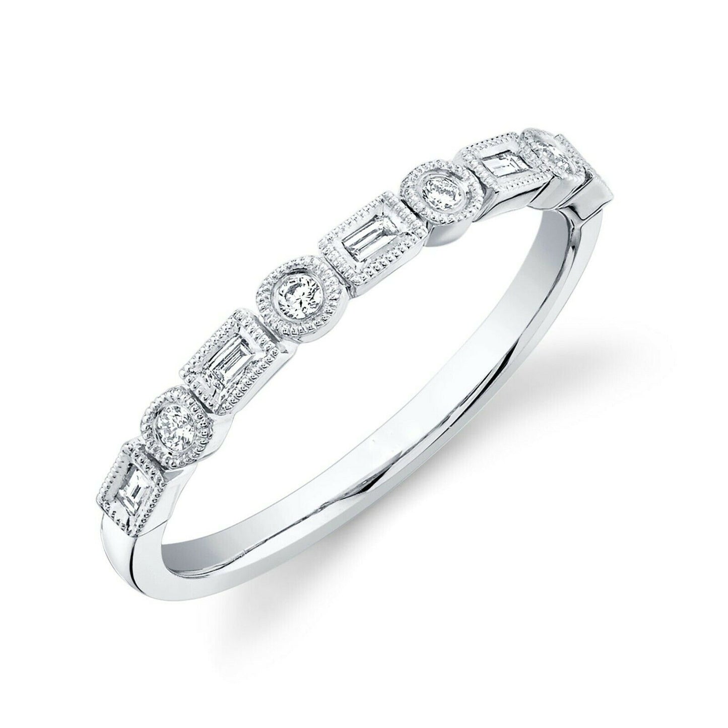 14K Gold 0.14CT Art Deco Baguette Round Diamond Ring Band Beaded Milgrain Bezel
