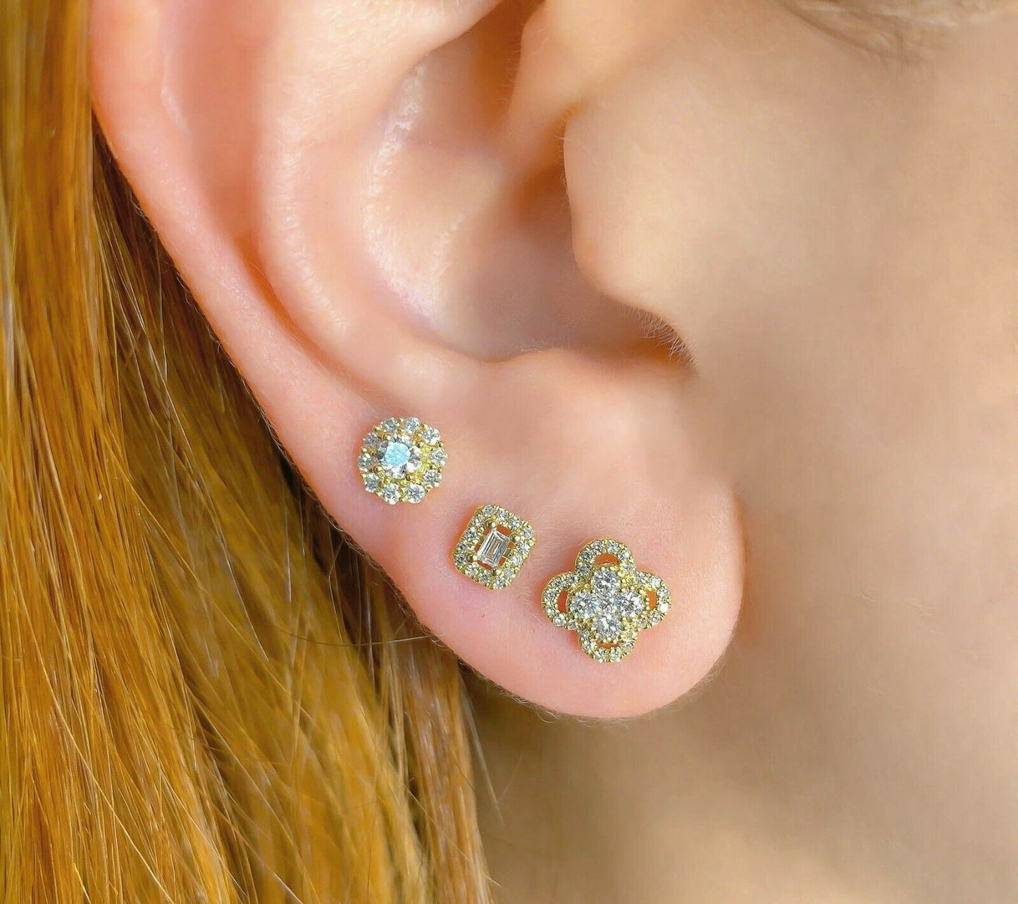 14K Gold 0.12 CT Baguette Cut Diamond Stud Earrings Halo Square