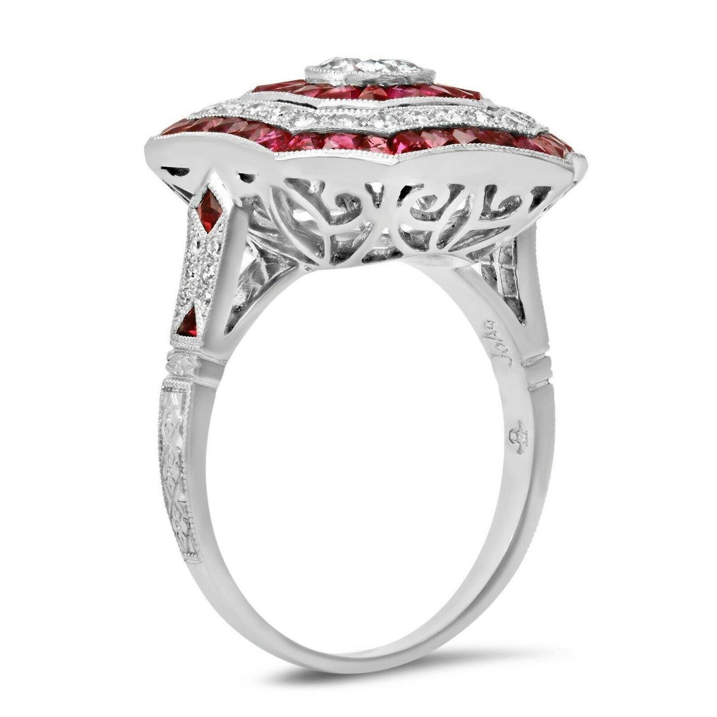 Art Deco Diamond Ruby Platinum Ring Handmade French Cut Cocktail Natural