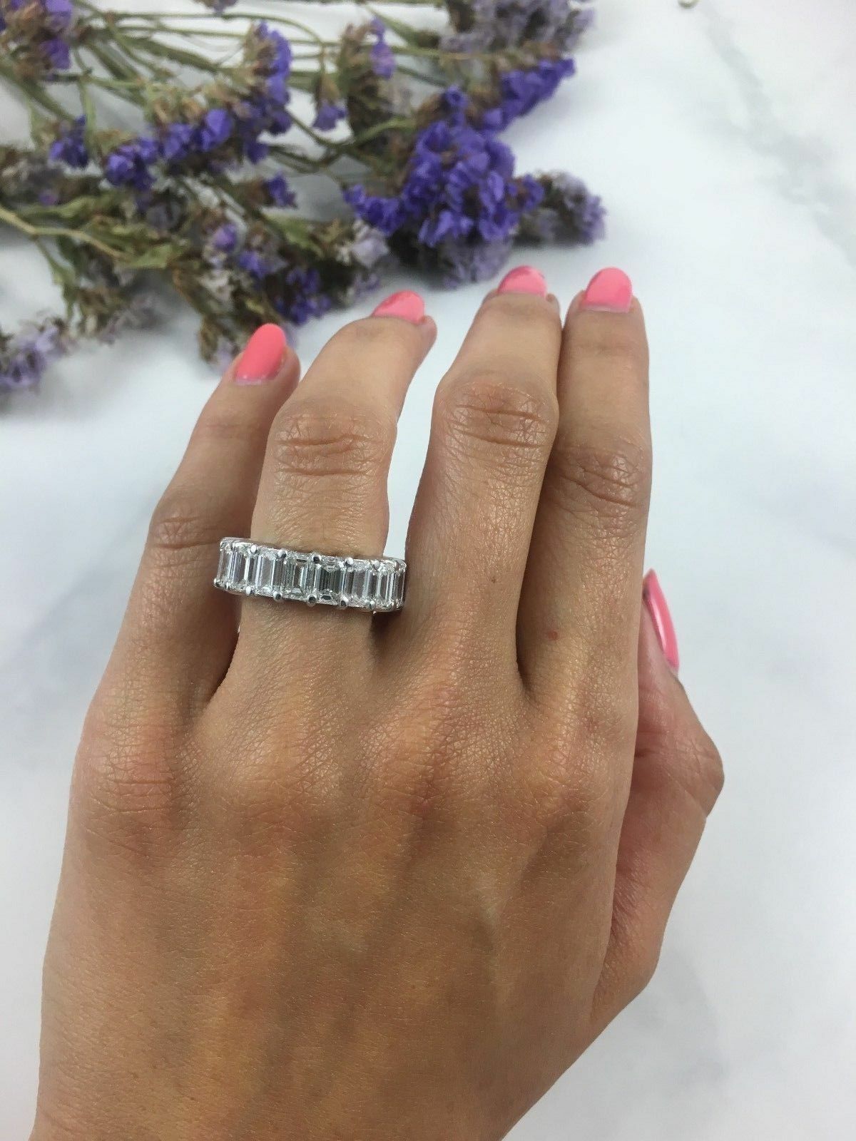 18K White Gold 9.21CT Eternity Ring Diamond Emerald Cut Size 6 Certified Natural