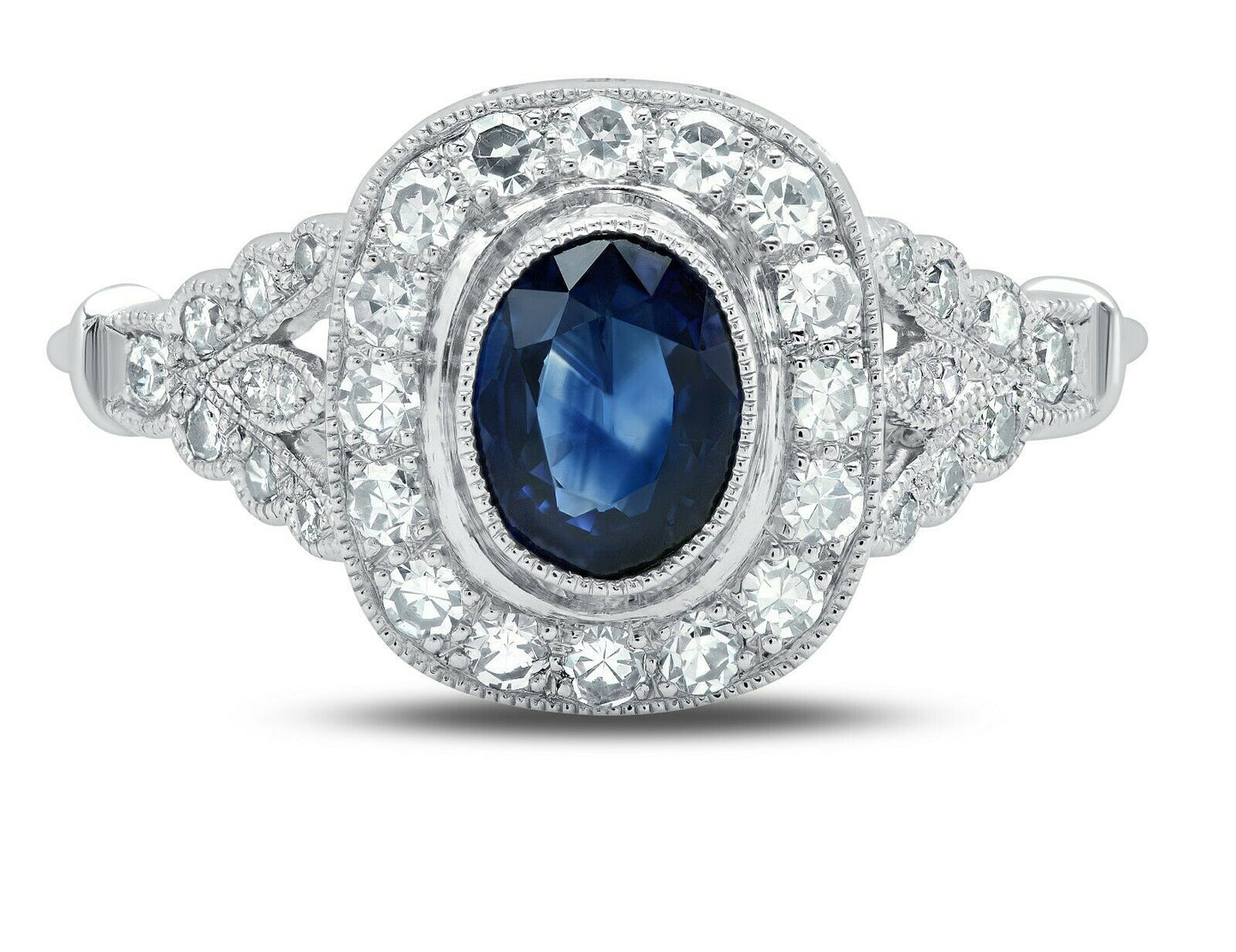 Art Deco Oval Blue Sapphire Diamond Platinum Engagement Ring
