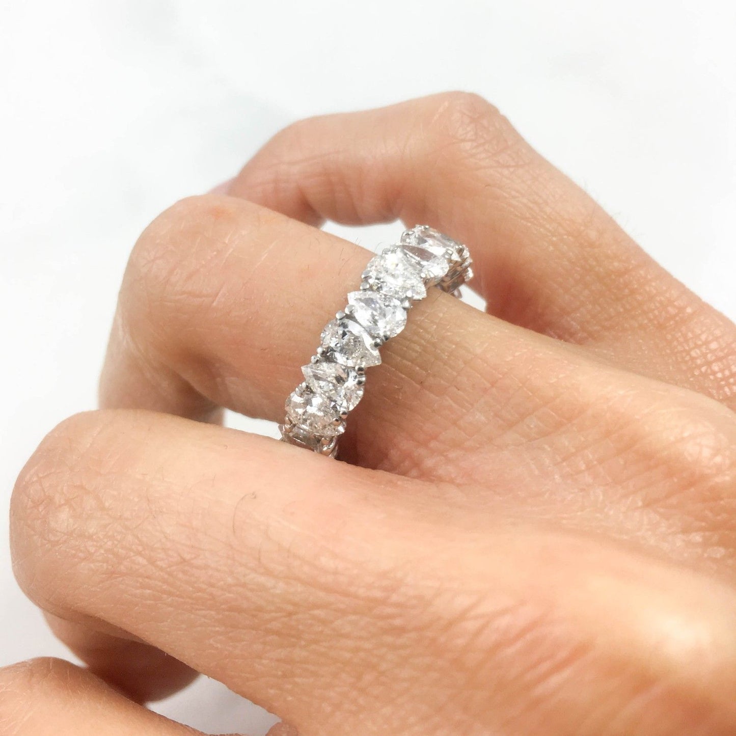 18K White Gold 4.23 CT Pear Cut Diamond Eternity Ring Certified Natural Wedding