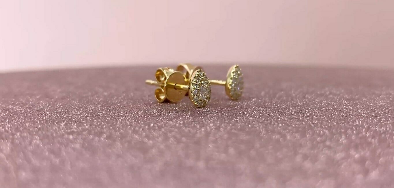 14K Gold 0.18 CT Pear Cut Diamond Tear Drop Stud Earrings Halo Natural Push Back