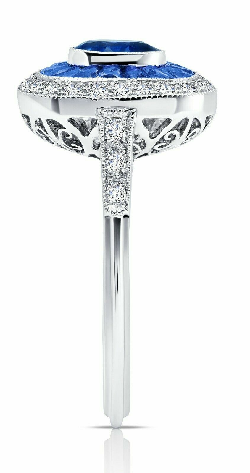 Art Deco Oval Blue Sapphire Diamond Platinum Ring French Cut Baguette Natural