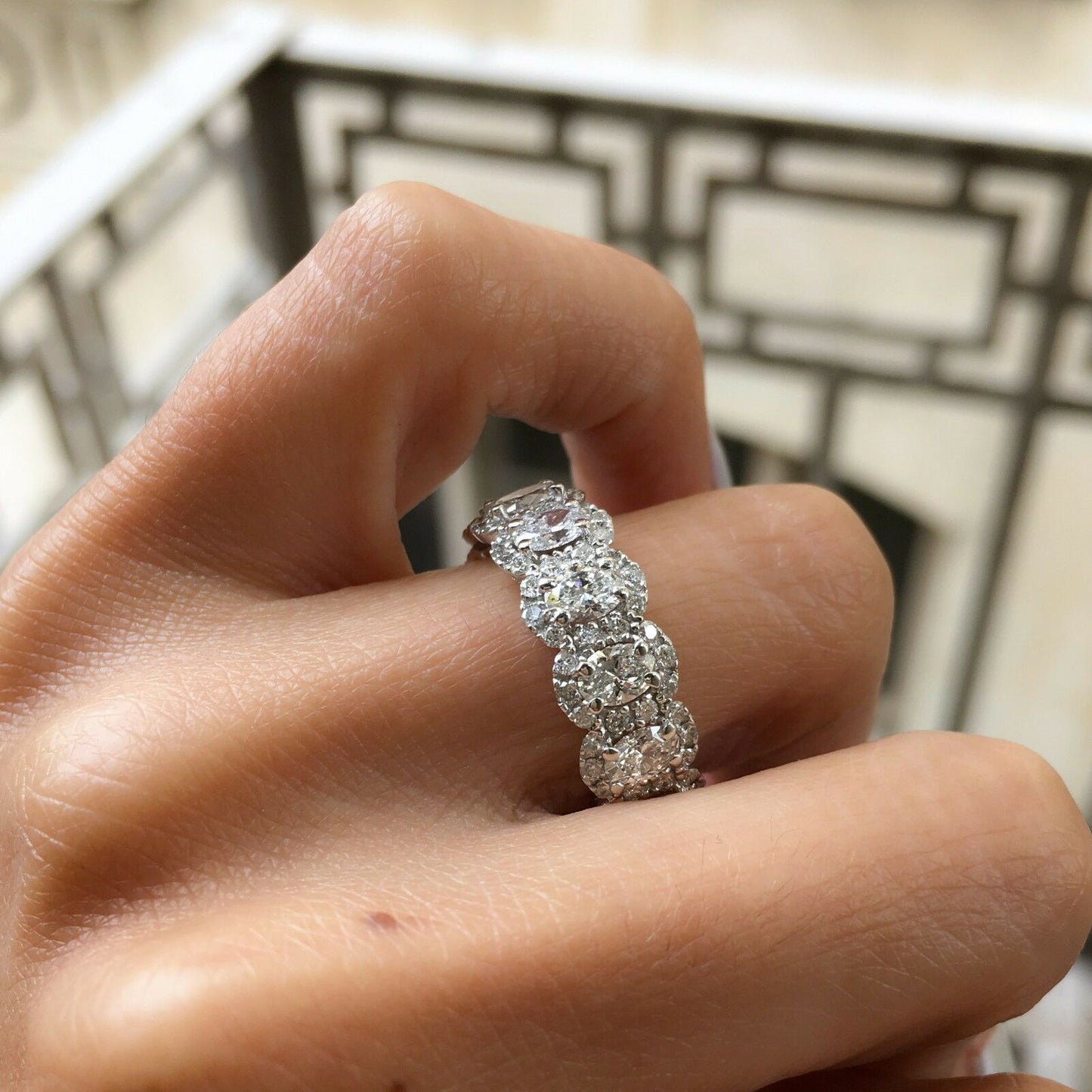 18K White Gold 3.23CT Oval Diamond Eternity Ring Halo Engagement Anniversary Band