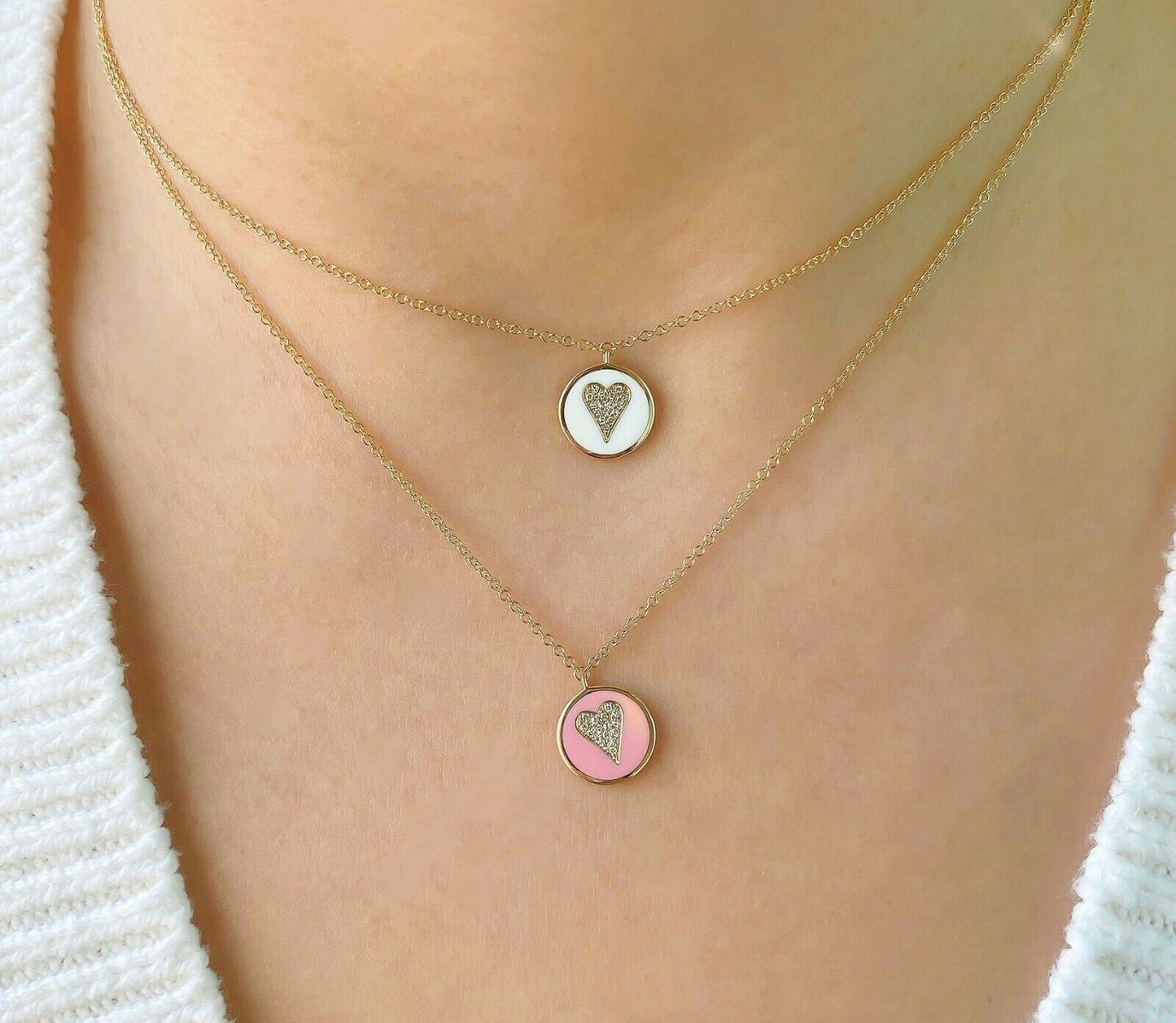 White Enamel Diamond Heart Necklace 14K Yellow Gold Circle Disc 0.04 CT Natural