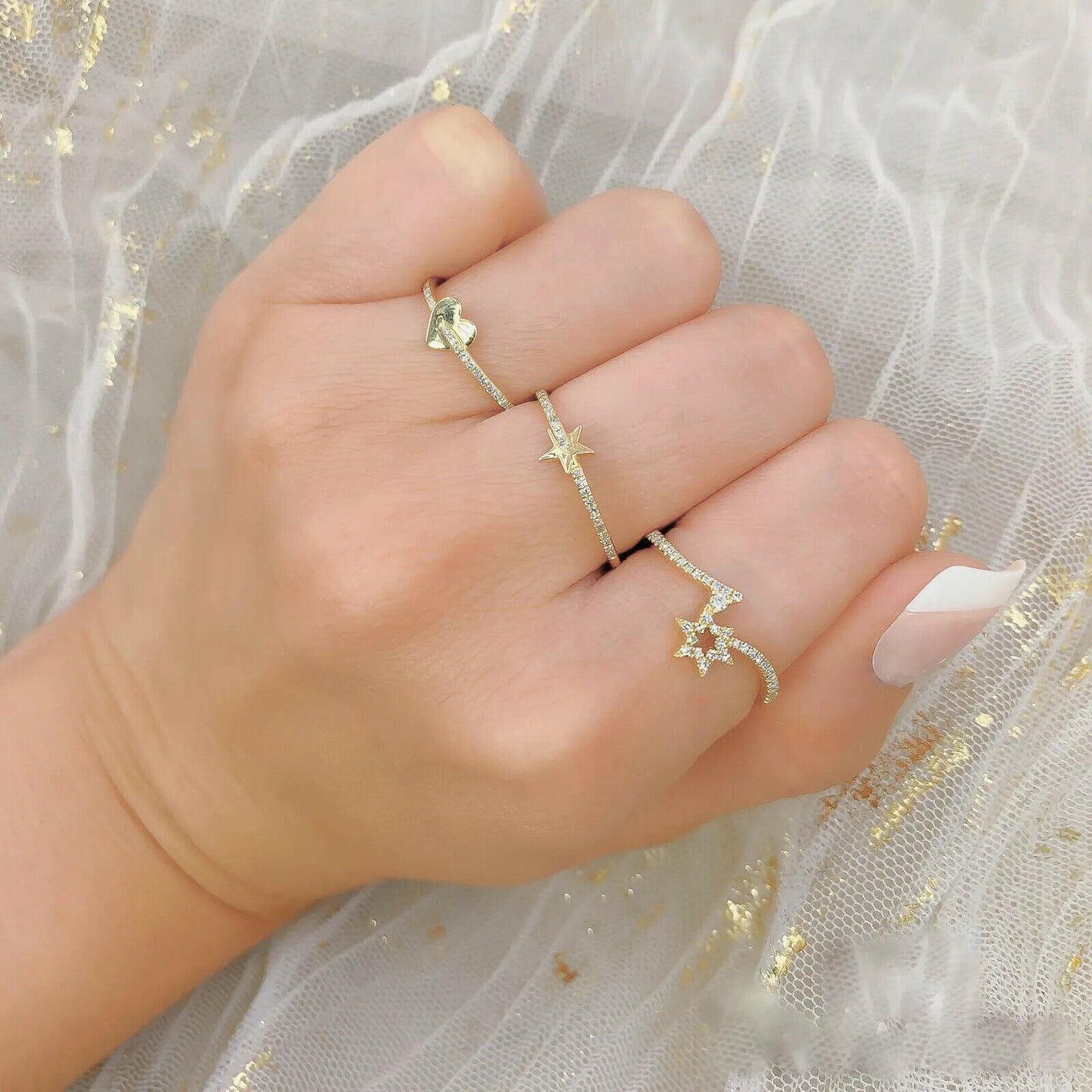 14K Gold 0.08 CT Diamond Star Ring Round Cut Natural Statement Fashion