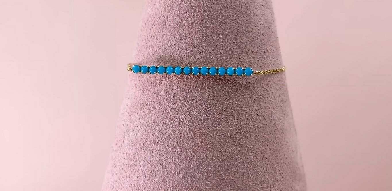 14K Gold 0.53 CT Turquoise Bar Bracelet Cabochon Round Cut Adjustable