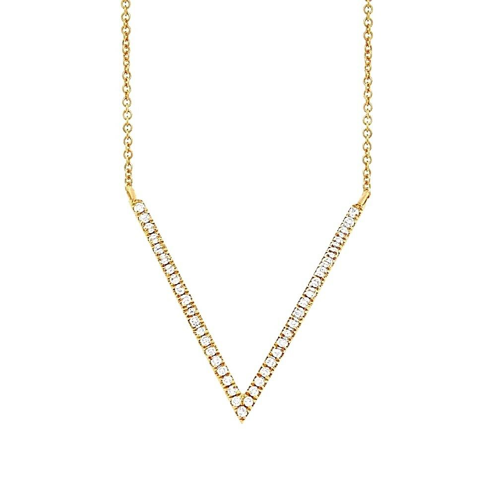 14K Gold 0.12 CT Diamond Natural Round Cut V Pendant Necklace