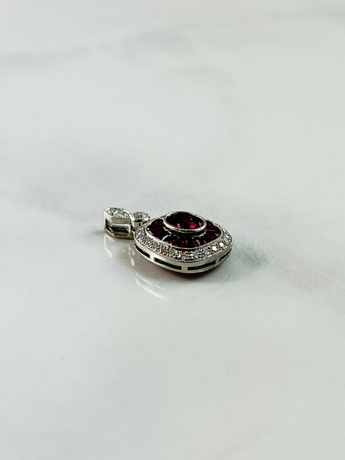 Art Deco Ruby Diamond Platinum Pendant Necklace Natural Chain Included