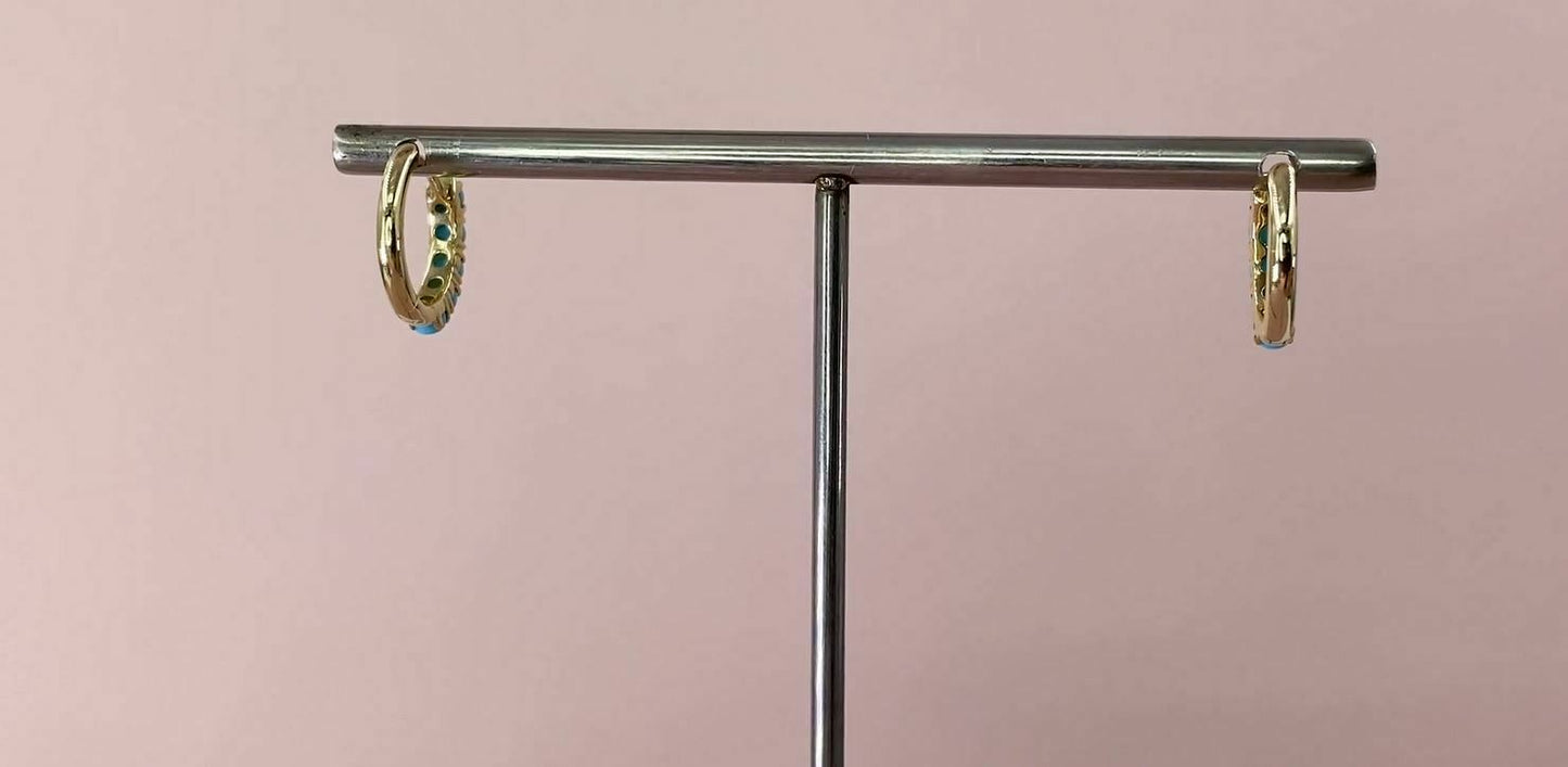 14K Gold 0.43CT Turquoise Huggie Earrings Round Cabochon 0.40" Hoops