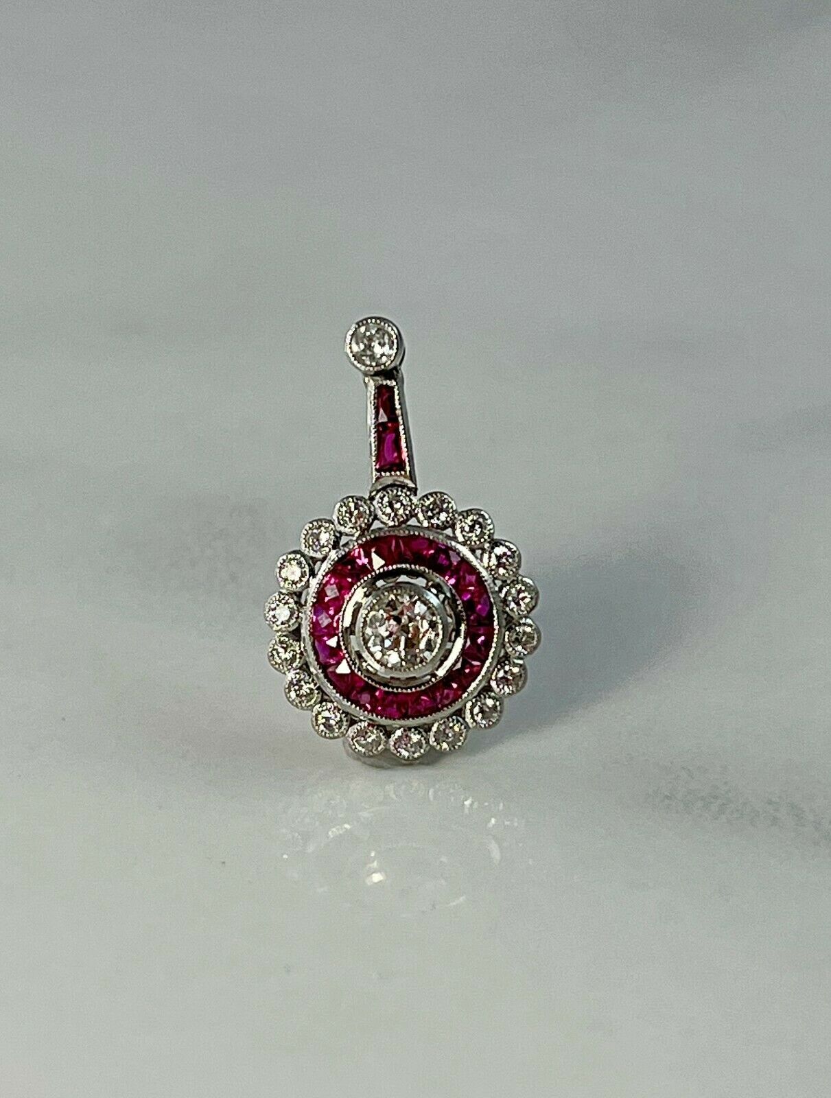 Art Deco French Cut Ruby Diamond Pendant Necklace Platinum Natural Chain Included