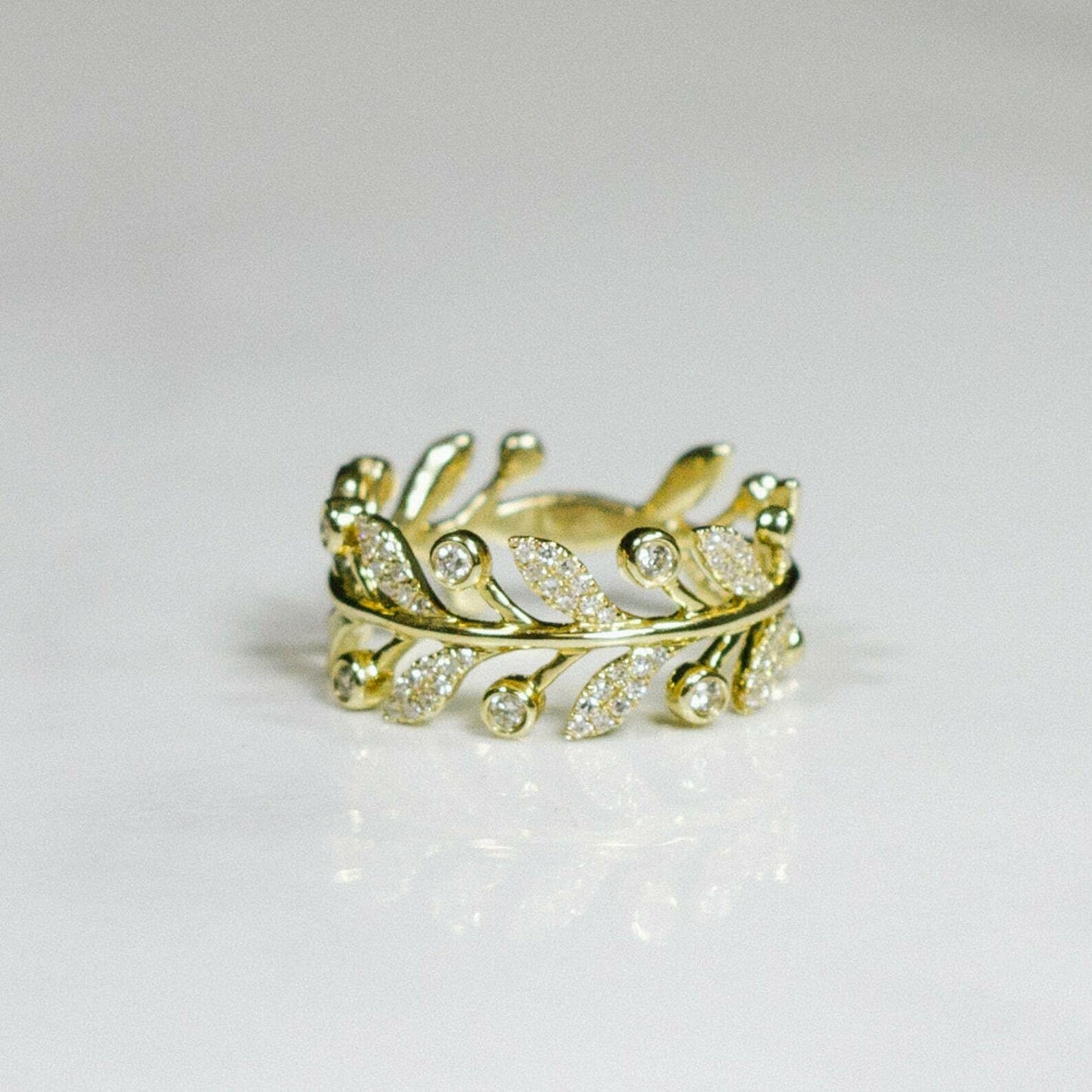 14K Gold 0.24 TCW Diamond Leaf Ring Statement Band Natural Round Cut Bezel