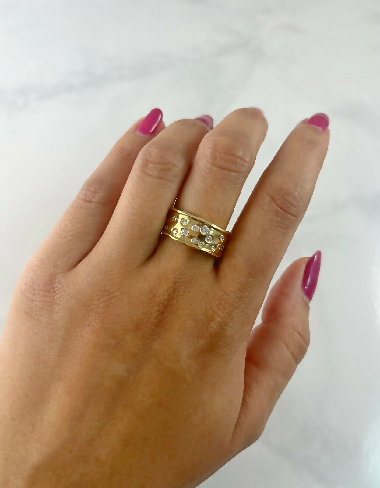 14K Gold 0.30 CT Scattered Floating Diamond Ring Unique Wavy Hammered Round Bezel