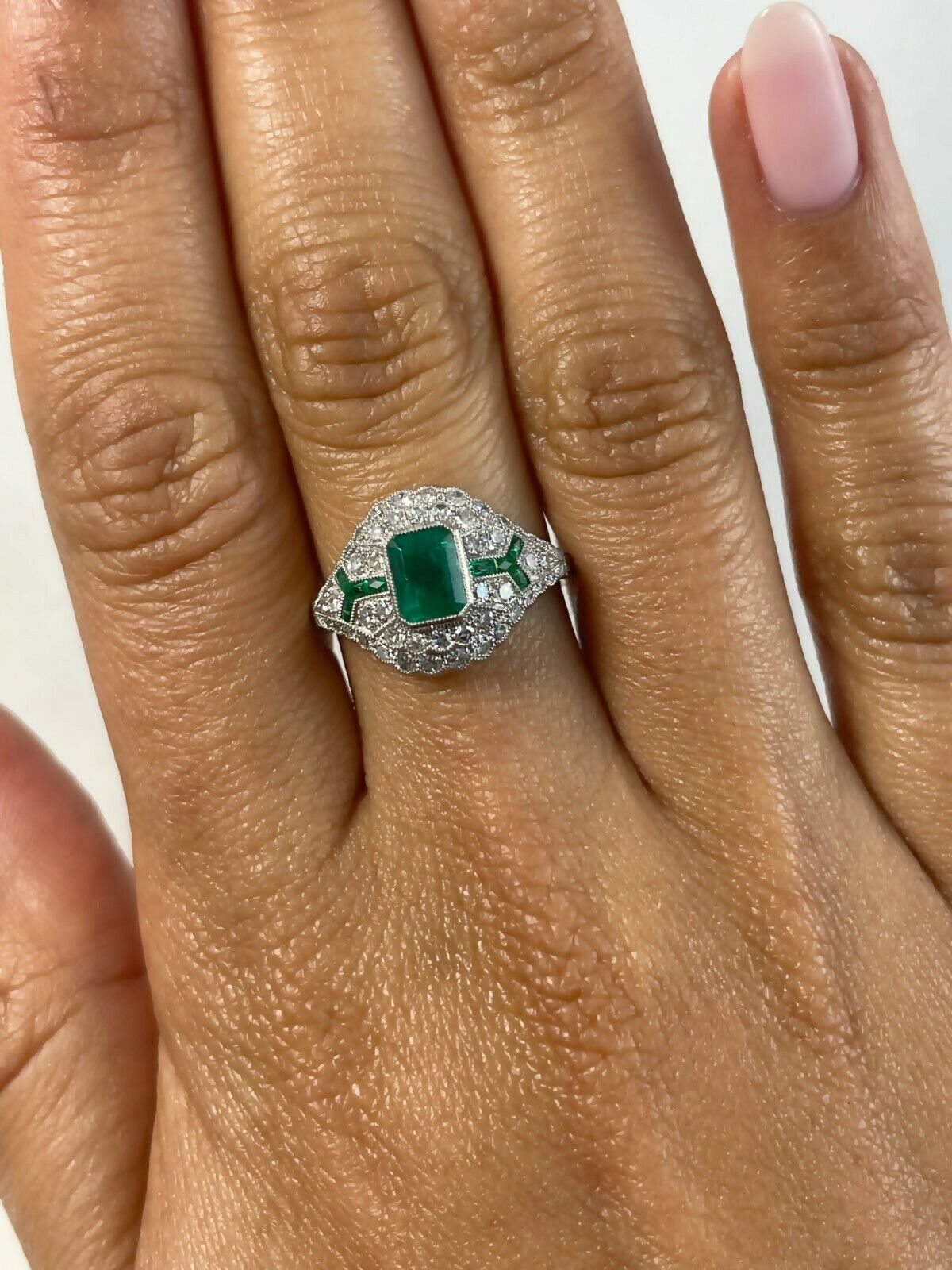 Diamond And Emerald Platinum Engagement Ring Art Deco Handmade Natural