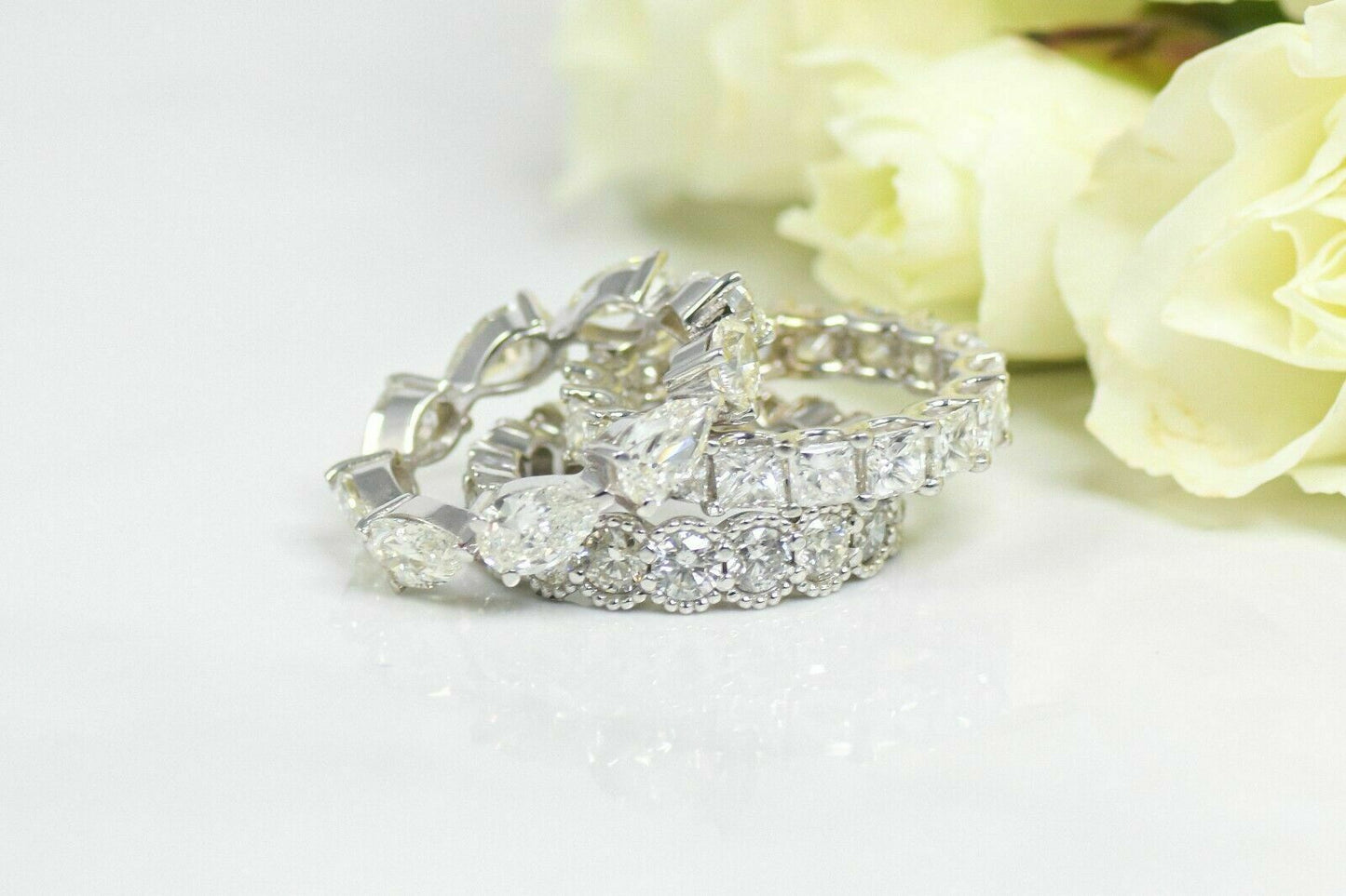 18K Gold 3.26 CT Bezel Diamond Eternity Ring Beaded Milgrain Round Cut Natural