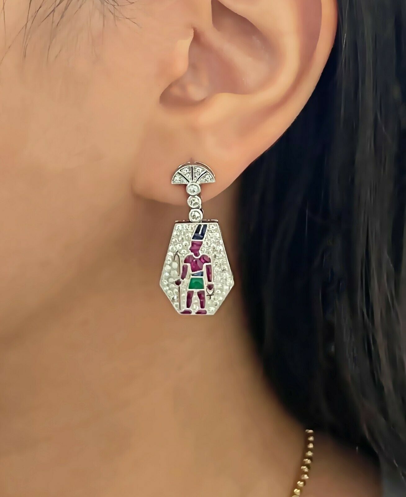 Diamond Egyptian Pharaoh Ankh Platinum Earrings Multi Gemstones Certified Natural
