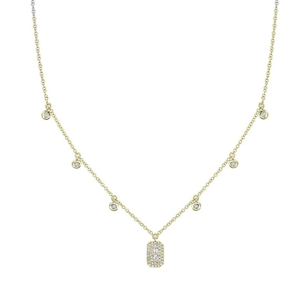 14K Gold 0.05 CT Baguette Cut Diamond Shaker Necklace Round Bezel Pendant