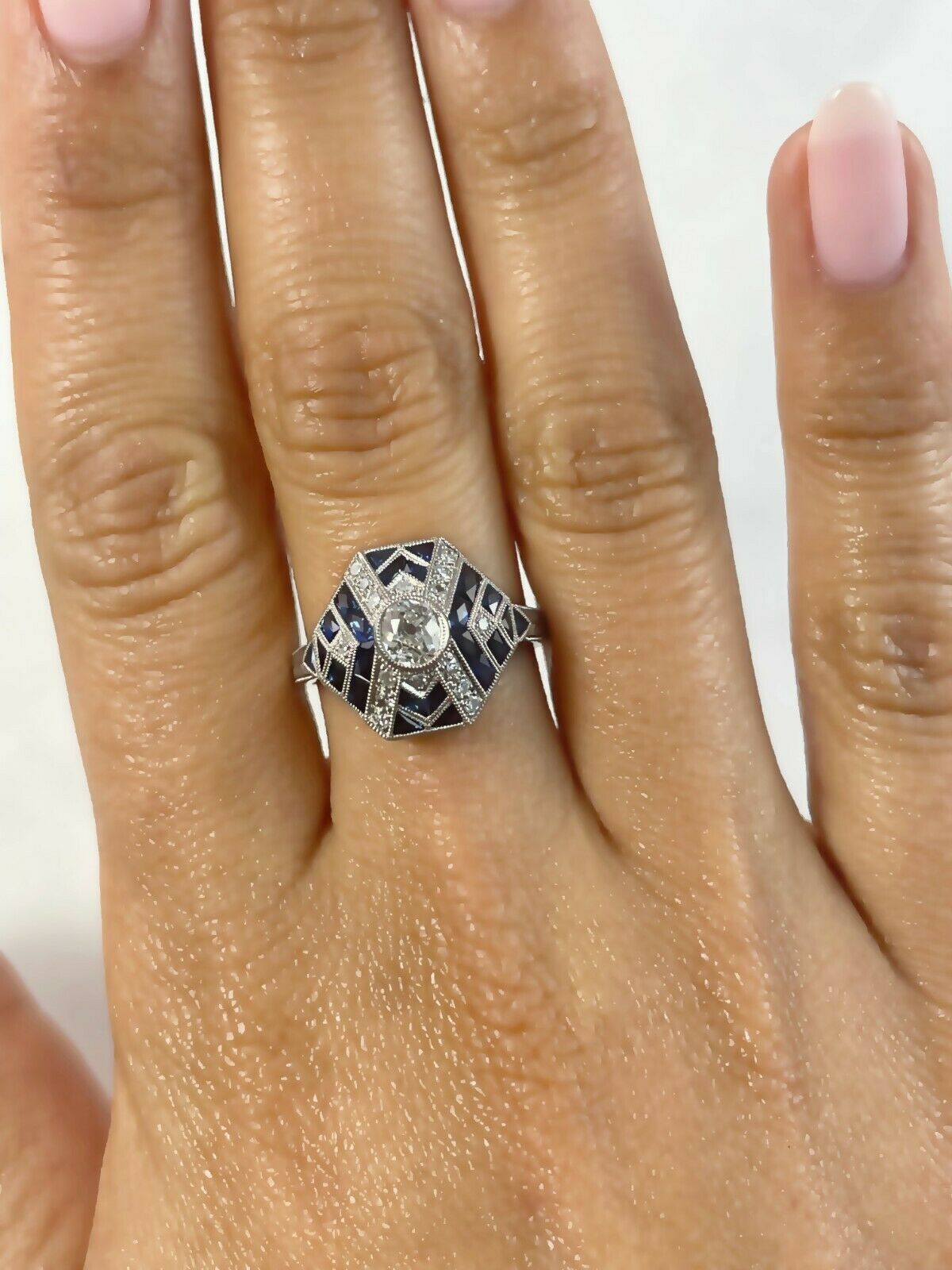 Art Deco Diamond Sapphire Platinum Ring Handmade French Cut Certified Natural