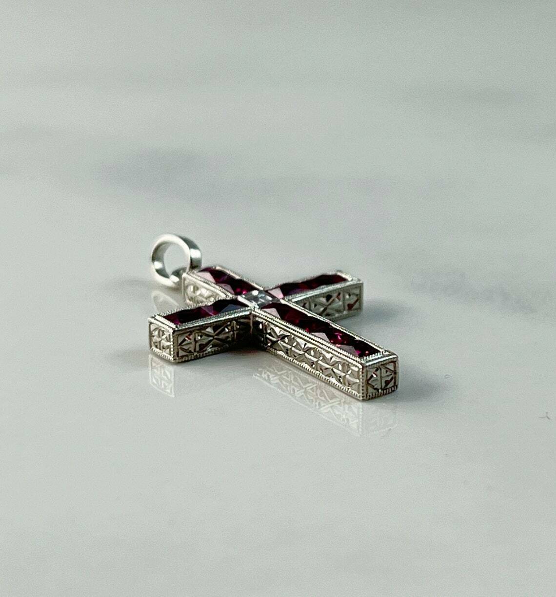 Art Deco Ruby Diamond Cross Platinum Pendant Necklace Chain Included
