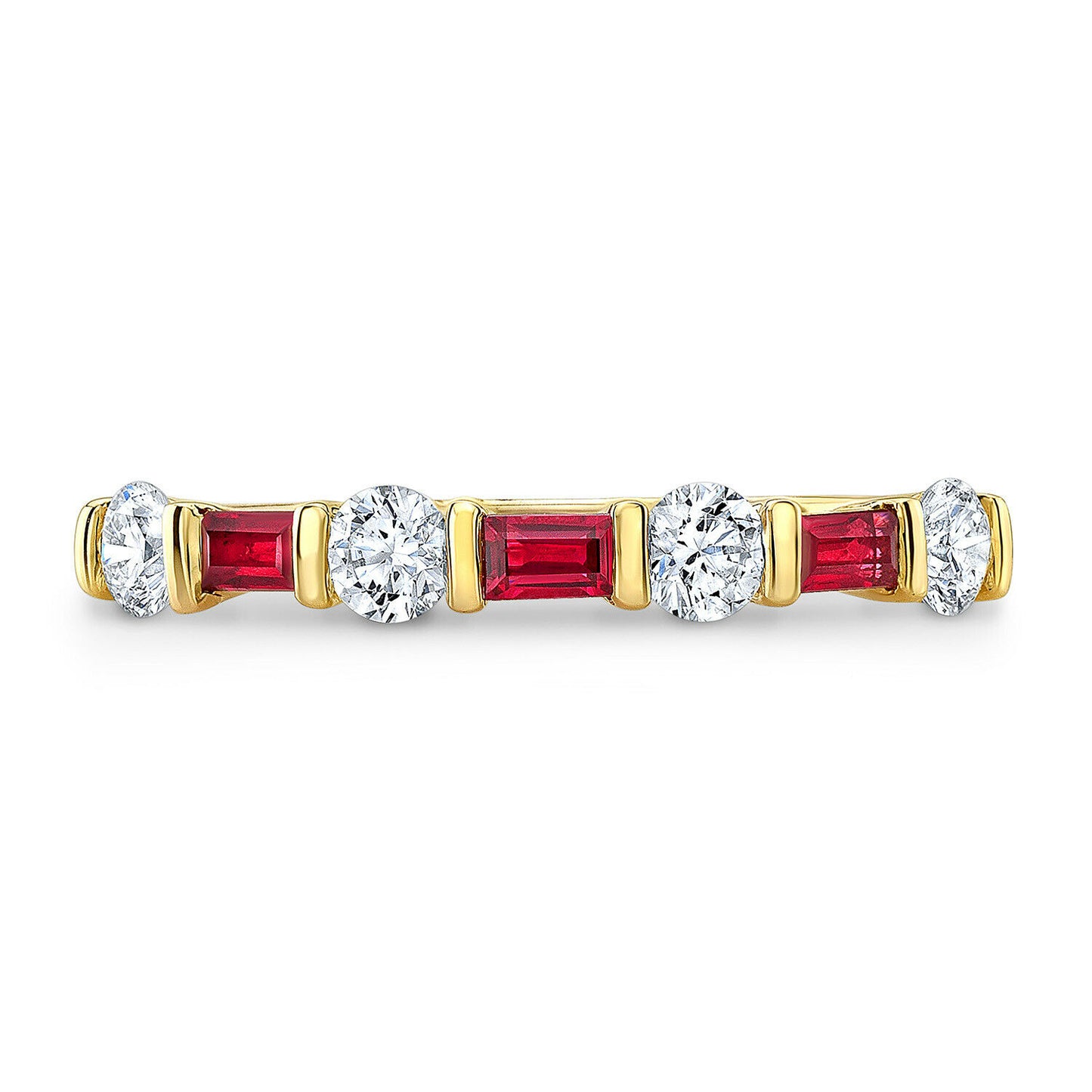 14k Yellow Gold Round Diamond Baguette Ruby Ring Alternating Anniversary Band