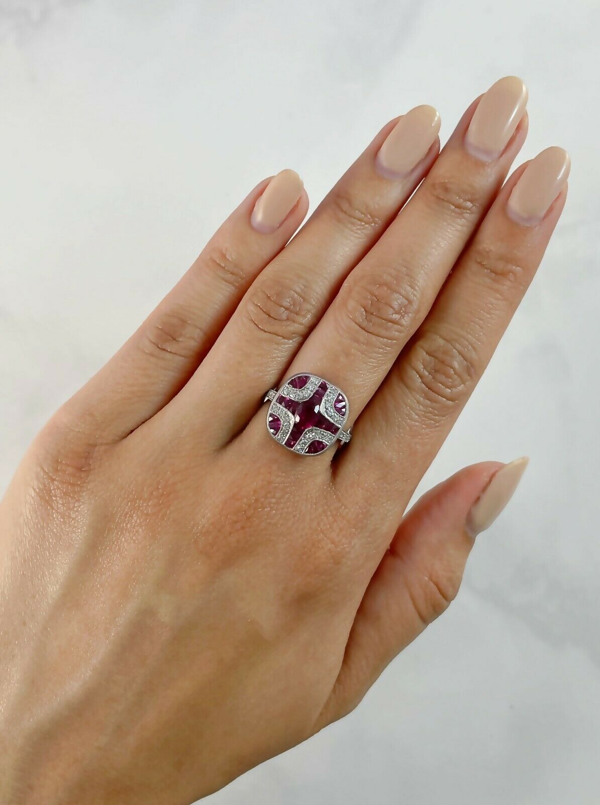 Art Deco Ruby Diamond Platinum Ring Handmade Certified Natural