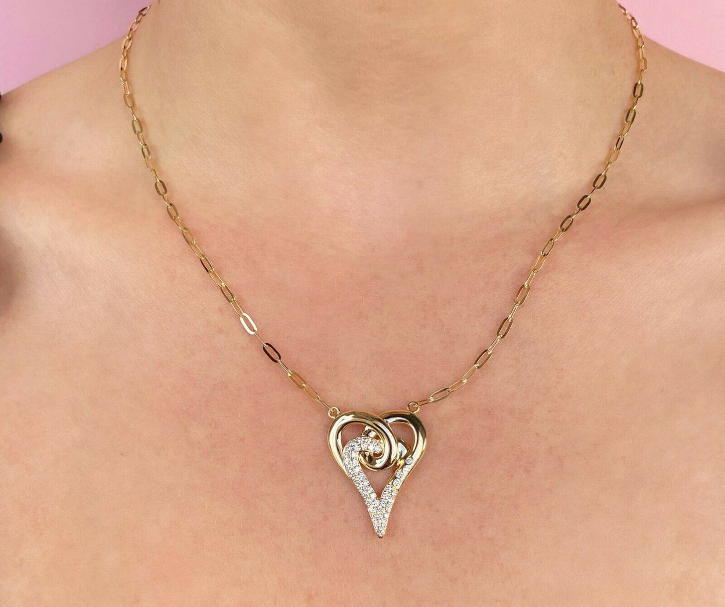 14K Gold 0.52CT Diamond Heart Pendant Necklace Paper Clip Chain Round Cut