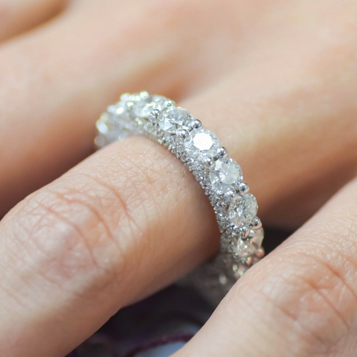 18K White Gold 5.29CT Unique Diamond Eternity Ring Engagement Anniversary 3 Side
