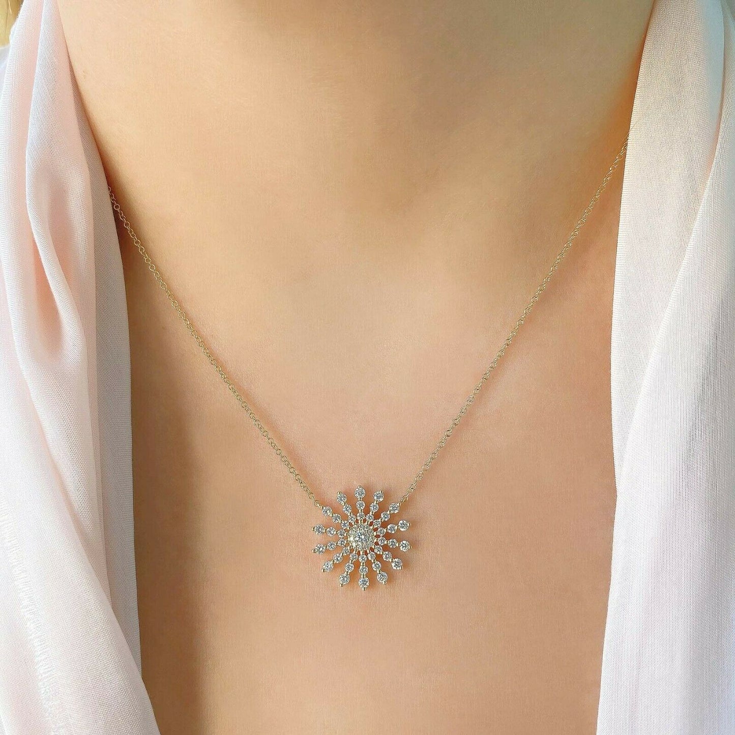 14K Gold 0.75 CT Diamond Starburst Necklace Sun Ray Round Cut Natural