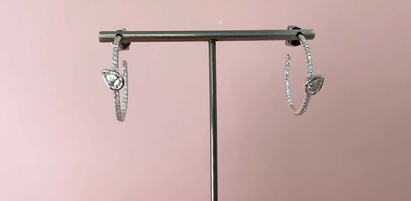 14K Gold 0.48 CT Floating Pear Diamond Hoop Earrings Round Cut Inside Out Natural