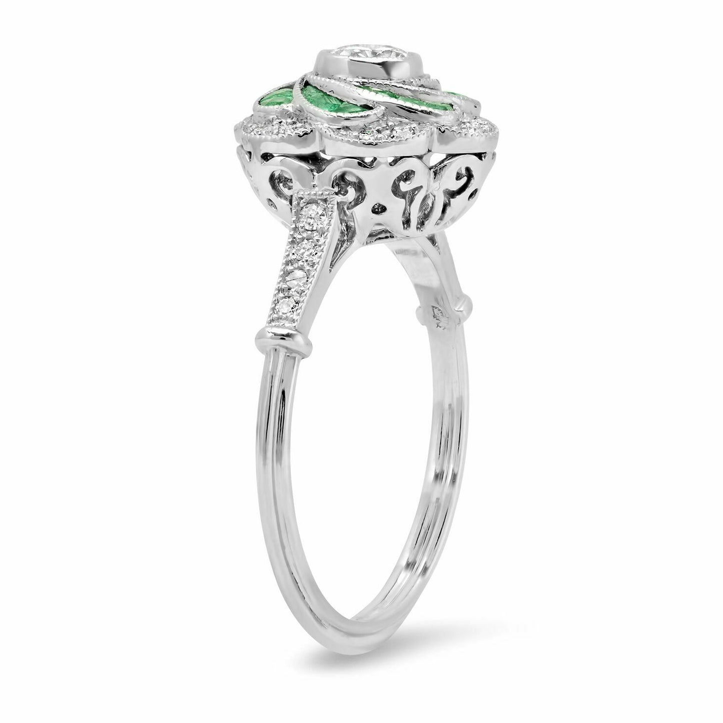 Antique Inspired Diamond Emerald Flower Platinum Ring Handmade