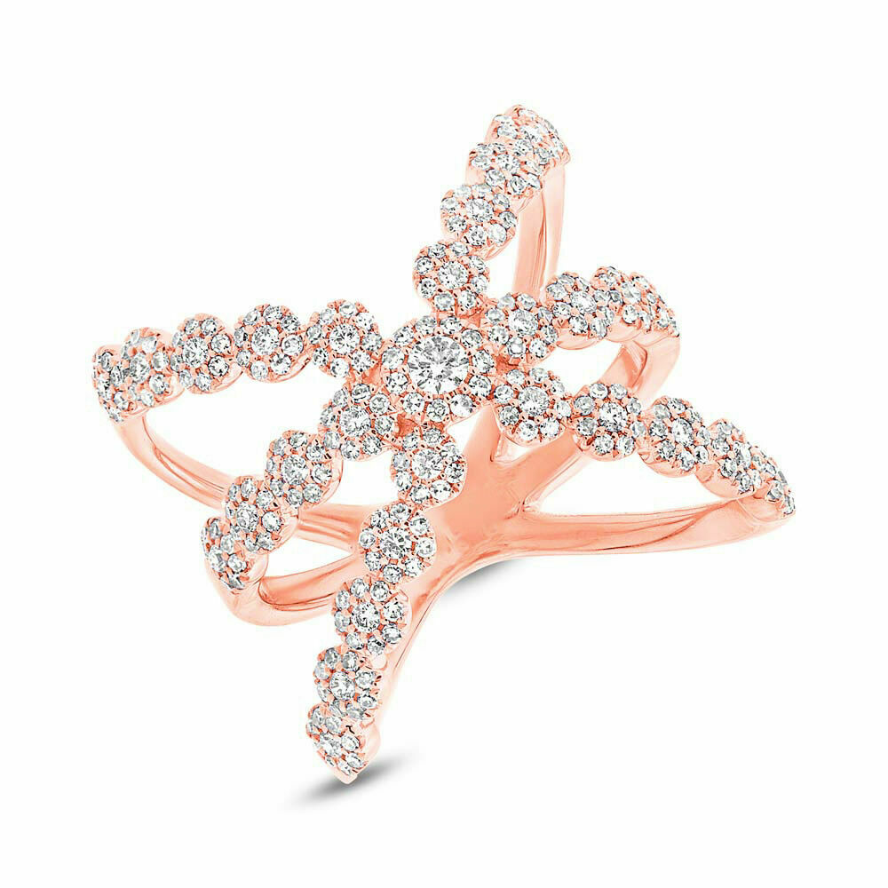 14k Gold 0.80 CT Diamond Wide Crossover Halo Cocktail Ring Natural Round Cut