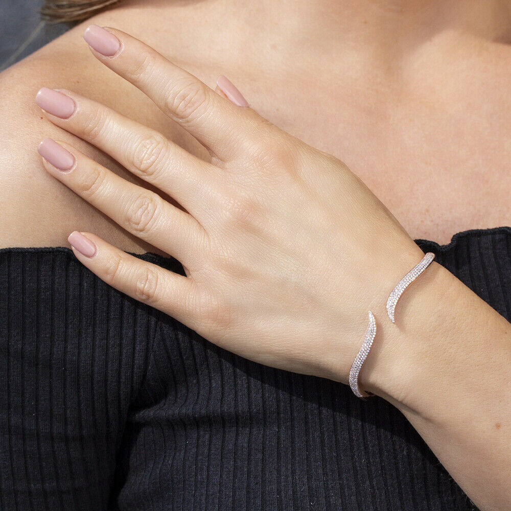 14K Gold 0.83 CT Diamond Claw Bangle Bracelet Curve Cuff Pave Set Round